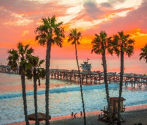 Molo, Morze, Stany Zjednoczone, Plaża, San Clemente, Kalifornia, Palmy