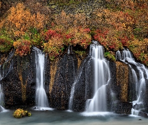 Jesień, Islandia, Wodospad Hraunfossar, Roślinność, Skały