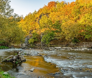 Jesień, Drzewa, Skały, Rzeka