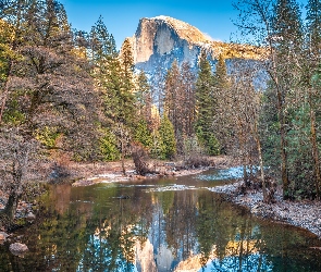 Kalifornia, Stany Zjednoczone, Drzewa, Góry Sierra Nevada, Szczyt El Capitan, Rzeka Merced River, Park Narodowy Yosemite