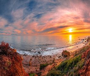 Malibu, Stany Zjednoczone, Wschód słońca, El Matador Beach, Morze, Wybrzeże, Plaża