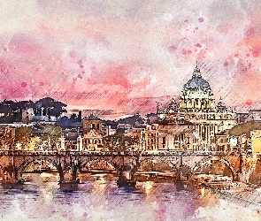 Bazylika Świętego Piotra, Most Ponte Umbert, Rzeka Tyber, Watykan, Domy, Grafika, Kościół