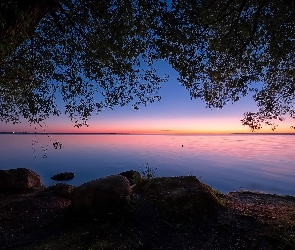 Jezioro, Zachód słońca, Kamienie, Drzewo