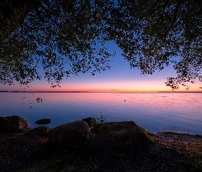 Zachód słońca, Kamienie, Jezioro, Drzewo