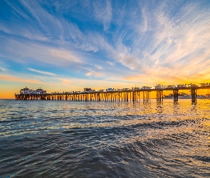 Plaża, Morze, Stany Zjednoczone, Wschód słońca, Malibu, Kalifornia, Molo