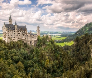 Niemcy, Bawaria, Góry, Zalesione, Zamek, Neuschwanstein