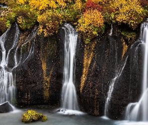Jesień, Skały, Islandia, Roślinność, Region Vesturland, Wodospad Hraunfossar