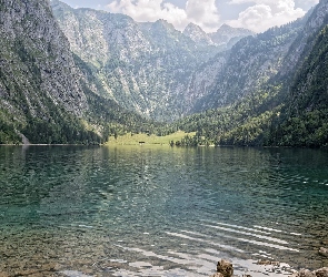 Jezioro Obersee, Góry Alpy, Niemcy, Park Narodowy Berchtesgaden, Bawaria, Lasy