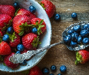 Truskawki, Deski, Łyżeczka, Jagody, Miska