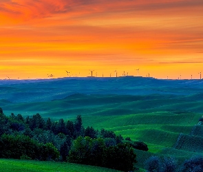 Wzgórza, Stan Waszyngton, Zachód słońca, Stany Zjednoczone, Region Palouse, Pola, Wiatraki, Drzewa, Łąki