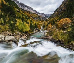 Rzeka, Prowincja Huesca, Pireneje, Hiszpania, Jesień, Góry, Arazas River, Drzewa, Kamienie