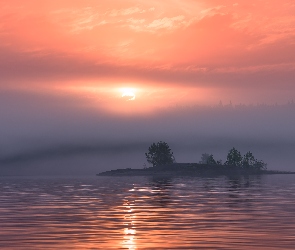 Rosja, Karelia, Wyspa, Jezioro Ładoga, Zachód słońca, Drzewa