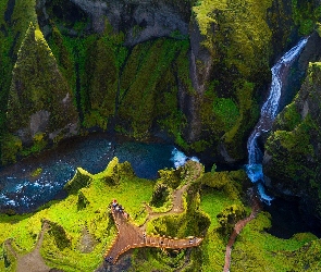 Rzeka Fjadra, Góry, Islandia, Wodospad, Kanion Fjaorargljufu, Ludzie