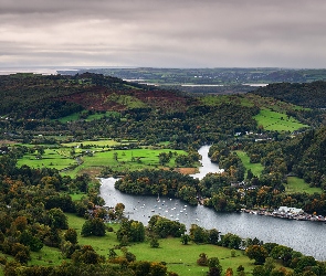 Pola, Jezioro, Gummers How, Wzgórza, Anglia, Drzewa, Lake Windermere, Kumbria, Łódki