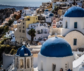Grecja, Santorini, Niebieskie, Domy, Dachy, Wioska Oia
