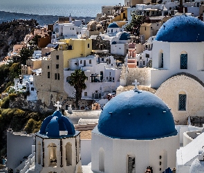 Domy, Niebieskie, Grecja, Wioska Oia, Santorini, Dachy