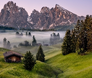 Włochy, Góry Sassolungo, Świerki, Dolomity, Mgła, Domy, Dolina Val Gardena, Płaskowyż Seiser Alm, Łąki, Drewniane