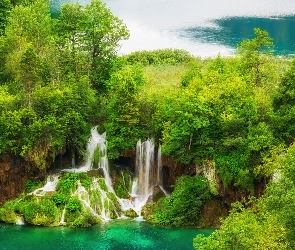 Park Narodowy Jezior Plitwickich, Skały, Jeziora, Chorwacja, Rośliny, Wodospady, Drzewa