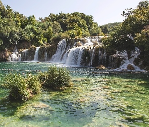 Park Narodowy Krka, Drzewa, Wodospad, Chorwacja, Krzewy, Rzeka, Skradinski Buk Waterfall