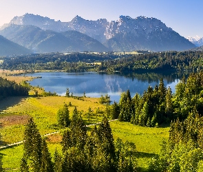 Bawaria, Lasy, Góry, Niemcy, Drzewa, Jezioro Eibsee, Karwendel