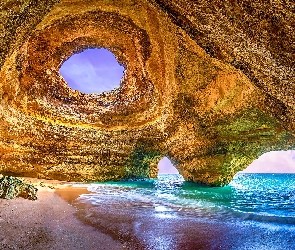 Portugalia, Grota, Wybrzeże, Jaskinia, Skała, Morze, Algarve, Benagil, Plaża