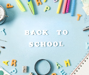 Szkolne, Napis, Back to school, Przybory, Notes, Długopisy, Pędzelki, Literki, Ekierka, Mazaki, Gumka, Budzik