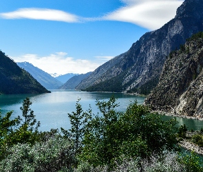 Jezioro, Niebo, Góry Nadbrzeżne, Drzewa, Kolumbia Brytyjska, Seton Lake, Kanada, Lillooet