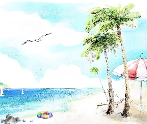 Morze Rysunek, Parasol, Plaża, Palmy