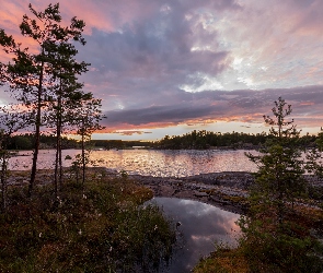 Skały, Jezioro Ładoga, Rosja, Chmury, Zachód słońca, Karelia, Drzewa