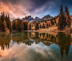 Jezioro Almsee, Góry, Góry Alpy, Austria, Odbicie, Drzewa, Filzmoos, Totes Gebirge