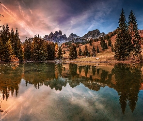 Góry, Drzewa, Góry Alpy, Jezioro Almsee, Filzmoos, Totes Gebirge, Austria, Odbicie