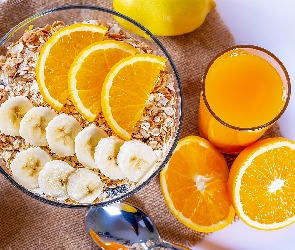 Musli, Pomarańcze, Miska, Banany, Szklanka, Owoce, Sok, Łyżka