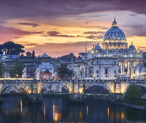 Wschód słońca, Światła, Rzeka Tyber, Watykan, Most św Anioła, Bazylika Świętego Piotra