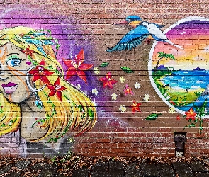 Ściana, Street art, Ptak, Kobieta