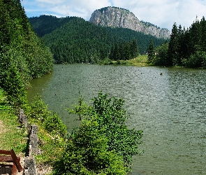 Góry, Ławka, Drzewa, Jezioro, Lasy