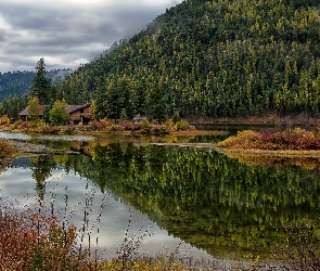 Zalesione, Stan Montana, Jezioro, Stany Zjednoczone, Salmon Lake, Domy, Góry, Las, Drzewa