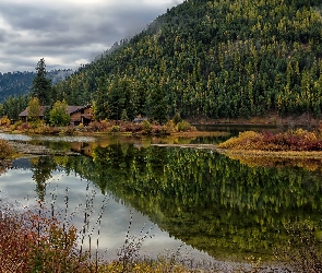 Las, Domy, Góry, Zalesione, Stany Zjednoczone, Salmon Lake, Jezioro, Stan Montana, Drzewa