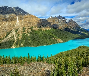 Kanada, Chmury, Drzewa, Prowincja Alberta, Peyto Lake, Jezioro, Skały, Góry, Park Narodowy Banff, Las