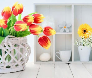 Tulipany, Kwiaty, Koszyczek, Półka, Bukiet