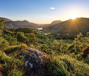 Promienie słońca, Park Narodowy Killarney, Irlandia, Skały, Drzewo, Góry, Trawa, Hrabstwo Kerry