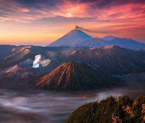 Wulkan, Góry, Indonezja, Niebo, Chmury, Jawa, Mount Bromo