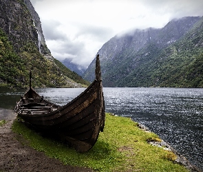 Brzeg, Góry, Łódka, Hardangerfjord, Okręg Vestland, Fiord, Norwegia, Gmina Voss