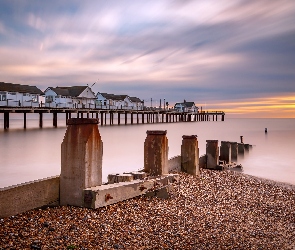 Anglia, Southwold, Zachód słońca, Molo Southwold Pier, Domki, Morze Północne