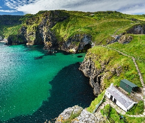 Wybrzeże, Hrabstwo Antrim, Irlandia Północna, Domy, Morze, Klify, Skały, Ballintoy