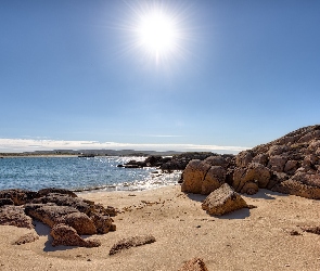 Plaża, Kamienie, Morze, Skały, Hrabstwo Donegal, Keadue Beach, Irlandia, Promienie słońca