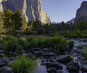 Góry Sierra Nevada, Kalifornia, Stany Zjednoczone, Park Narodowy Yosemite, Rzeka, Dolina, Kępki, Merced River, Trawy, Kamienie, Yosemite Valley, Drzewa