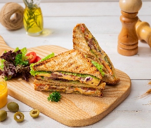 Szklanka, Sok, Sandwiche, Kanapki, Deska, Oliwki