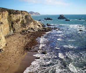 Klif, Fale, Morze, Stany Zjednoczone, Półwysep Point Reyes, Tomales Bay, Stan Kalifornia, Skały