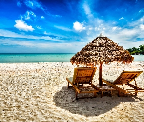 Morze, Parasol, Plaża, Leżaki