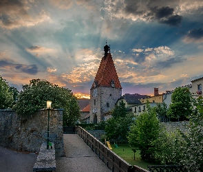 Freistadt, Austria, Latarnia, Wieża, Domy, Chmury, Brama miejska